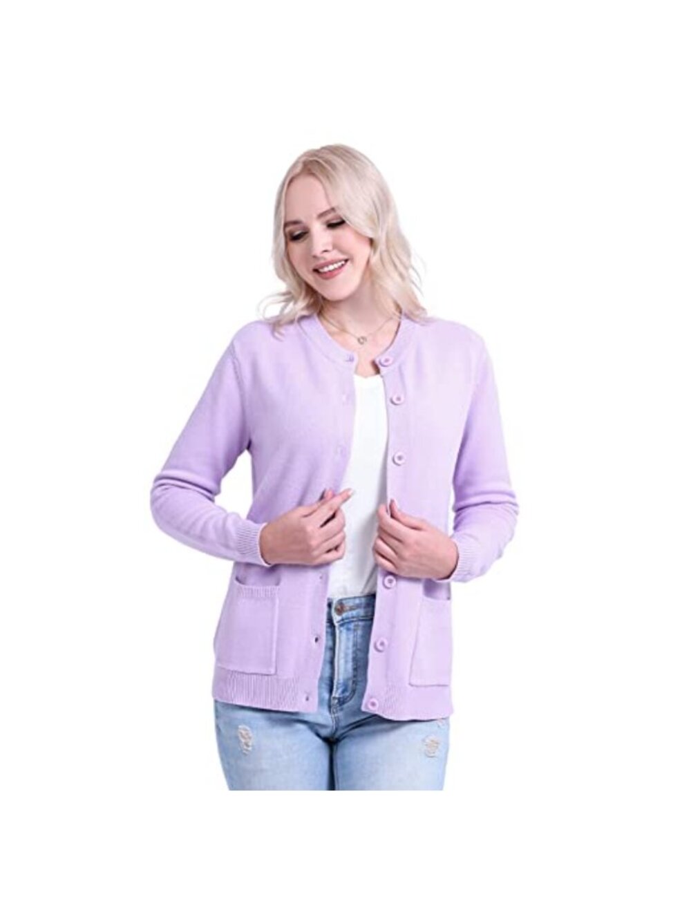Warm Crew Neck Button Down Cardigan Sweater with Pockets Long Sleeve